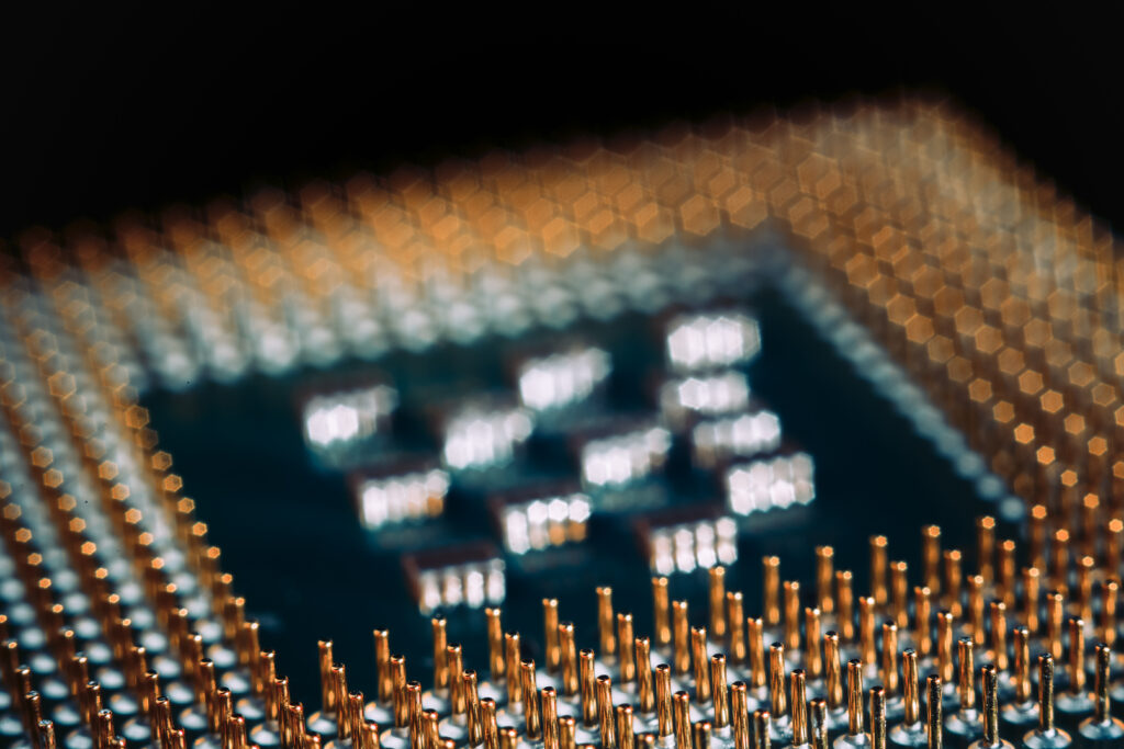 Close-up of flip chip packaging used in CPU design for improved power delivery and thermal performance.
